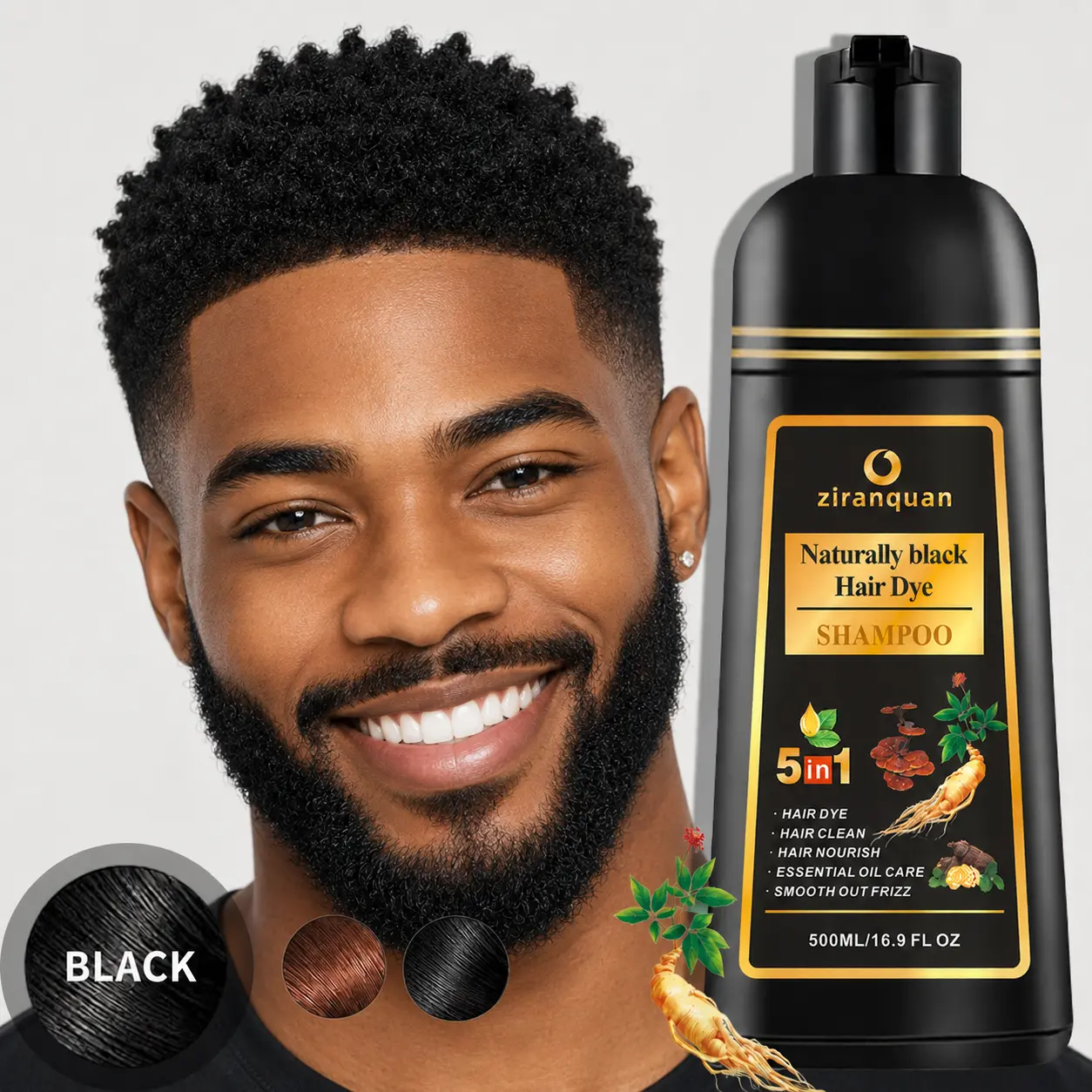Lazy-Friendly Instant Black Hair Dye Shampoo, 5-in-1 Gray Hair Coverage Shampoo for Women Men, Organic Ginseng & Ginger Herbal Formula, Non-Damaging Semi Permanent Hair Color, Multi-Use Hair Beard & Mustache Dye, Safe for Sensitive Scalp 16.9oz