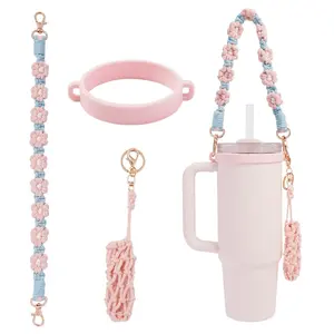 Water Bottle Handle 1 Count Soft & Durable Silicone Water Bottle Hanging Lanyard Cup Accessories for Most 8-40oz Bottles with Floral Beads and Pom Pom Decor