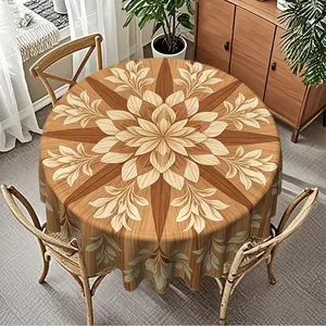 2D Flat Wood Grain Floral Print Round Tablecloth, Furniture Protector, Party Decor, Hotel Restaurant Home Use, Multi-Space Scene