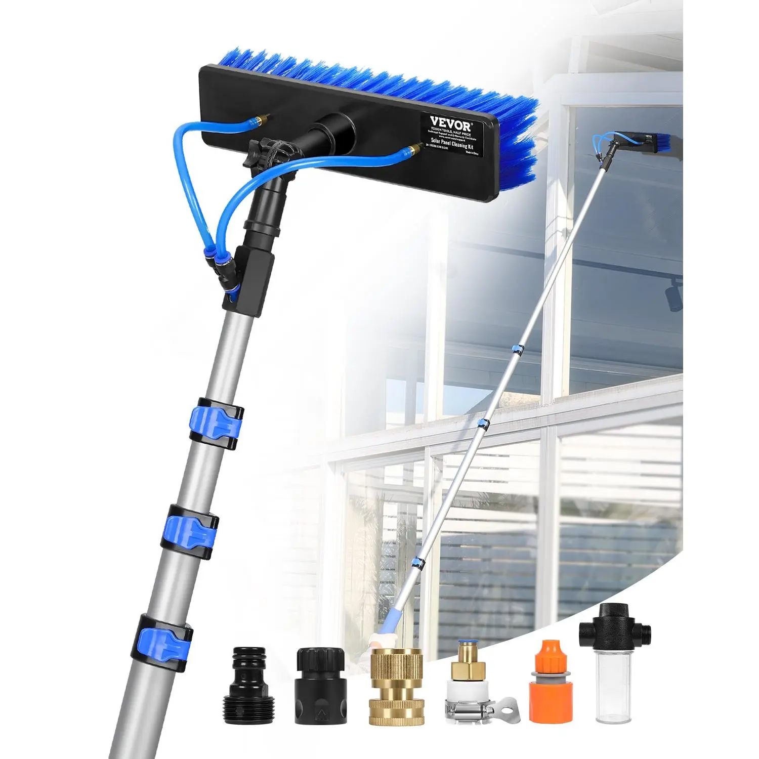 VEVOR Water Fed Pole Cleaning Kit, 12FT Extendable Handle Solar Panel Cleaner, 180-Rotatable Brush Head, 65.6FT Hose for Windows, Ceilings, Billboards, Glass Walls
