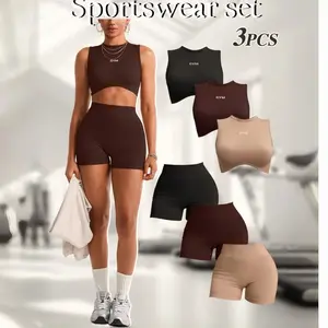 Hijesse Women's High Elastic Sports Bra & Shorts Set Khaki Letter Print Yoga Workout Ensemble with Tummy Control Slim Fit Activewear - Womenswear, Breathable Gym Wear, Suitable for Spring and Summer Wear