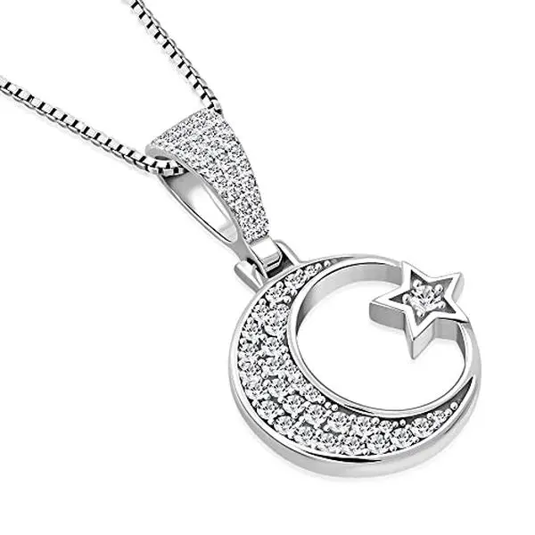 My Daily Styles Crescent Moon Star Pendant Necklace, 925 Sterling Silver with CZ, 18 Inch Casual Islamic Jewelry for Adults, Asl2369, All Seasons
