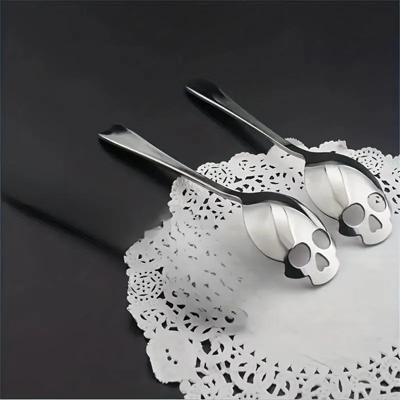 Stainless Steel Skull Head Spoon, 2 Counts Creative Coffee Stirring Dessert Spoon Set, Kitchen Utensils, Cutlery, Tableware for Home Dining Room Picnic, Halloween