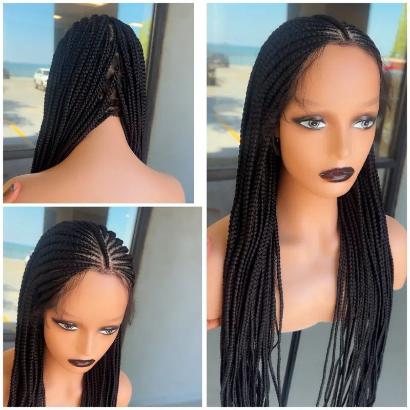 Fulani cornrow braids, 28inch Knotless from the back Synthetic Braided Full Lace Wig - Handmade, Lightweight, Glueless, Ready-to-Wear Synthetic Braided Lace Wig, Synthetic Braided Lace Wigs, Knotless Synthetic Braided Lace Wigs