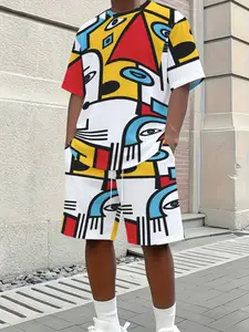 Men's Abstract Geometric Pop Art T-Shirt and Shorts Set - Vibrant Cubist Face Design with Bold Yellow Red Blue Black White Colors, Modern Summer Casual Fashion Outfit for Men, Stylish Short Sleeve Tee and Matching Shorts with Pockets