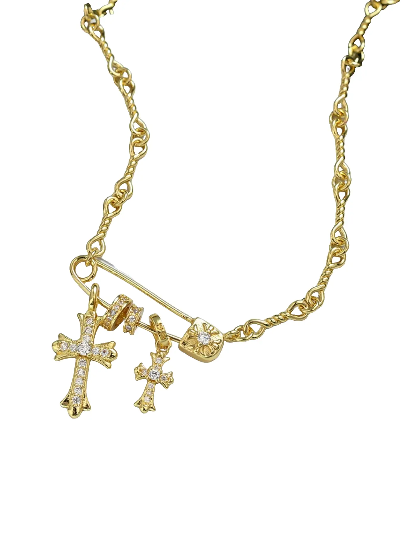 Trendy Safety Pin & Cross Stainless Steel Necklace | Iced Out Unique Design | Perfect for Layering & Street Style | Iced Out Jewelry, Streetwear Statement Jewelry, Cross Necklaces