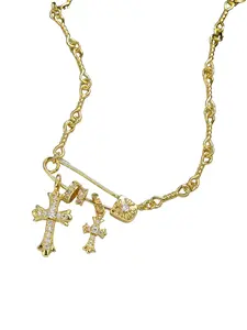 Trendy Safety Pin & Cross Stainless Steel Necklace | Iced Out Unique Design | Perfect for Layering & Street Style | Iced Out Jewelry, Streetwear Statement Jewelry, Cross Necklaces