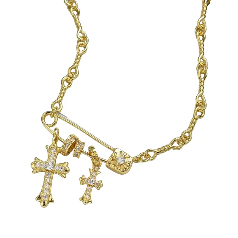Trendy Safety Pin & Cross Necklace | Iced Out Unique Design | Perfect for Layering & Street Style Minimalist & Fashion Stackable Chains