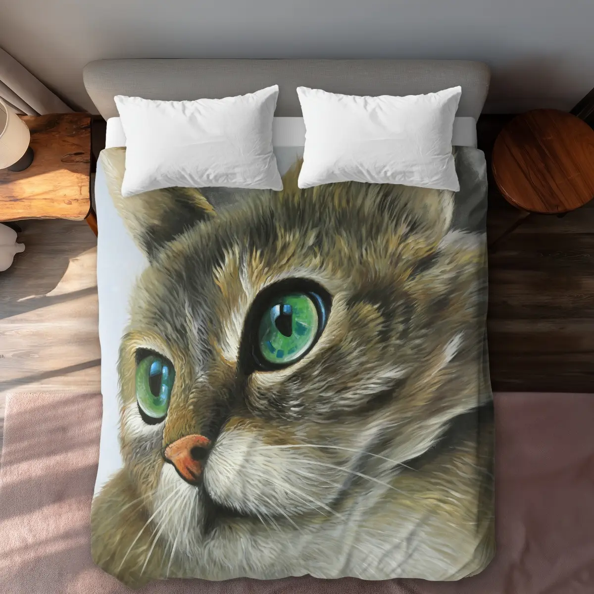 360 stand Queen Size Duvet Cover Set - Peaceful Cat Portrait Design, Pets-Themed Green Color, Modern Bedding Decor, Durable, Easy to Care For, Textiles & Soft Furnishings Linen, Modern Decor, Decorative Bedding Set, Bed Cover Set