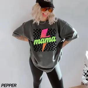 Neon Mama Shirt, Checkered Mama Shirt, Lightning Bolt Shirt, Mothers Day Gift, Retro Checkered Mom Tshirt, Comfort Colors® Tee, Gift for Her