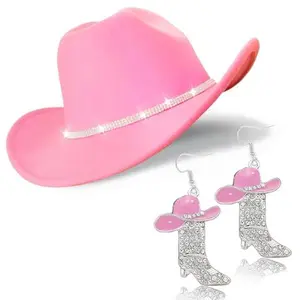 Cowboy Hat Rhinestone Cowgirl Boots Earrings Set Western Earring Felt Fedora Jazz Hat Rodeo Outfit for Women Size M