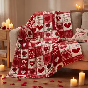 Modern Plaid Hearts Patchwork Polyester Fleece Throw Blanket - Valentine Love Motif with Roses, Soft Cozy for Couch Lounge, Ideal Romantic Gift for Adults