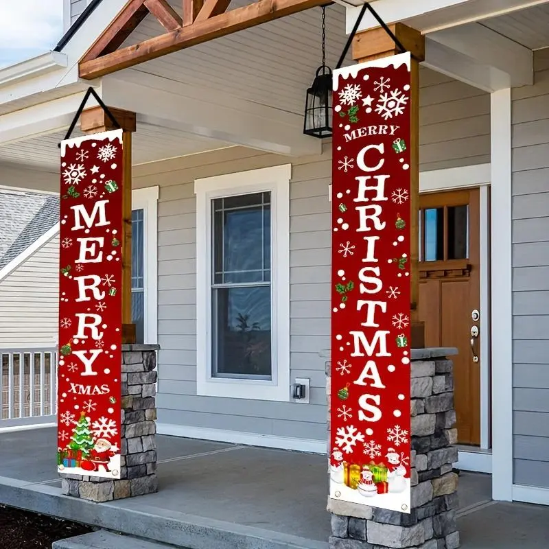 Christmas Themed Banner, 1 Pair Merry Christmas Door Banner, Festive Backdrop for Home Party Garden Decoration, Party Supplies, Party Decorations Banners