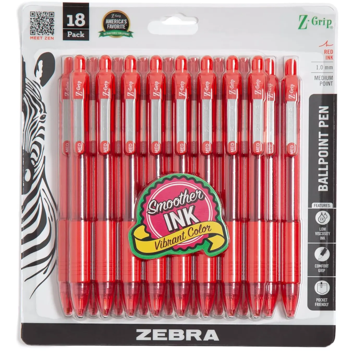 Zebra Pen Z-Grip Retractable Ballpoint Pen, Red Ink, 1.0mm Medium Tip, 18-Pack Packaged Set, Smooth Writing, Ideal for Note-Taking, Office Use