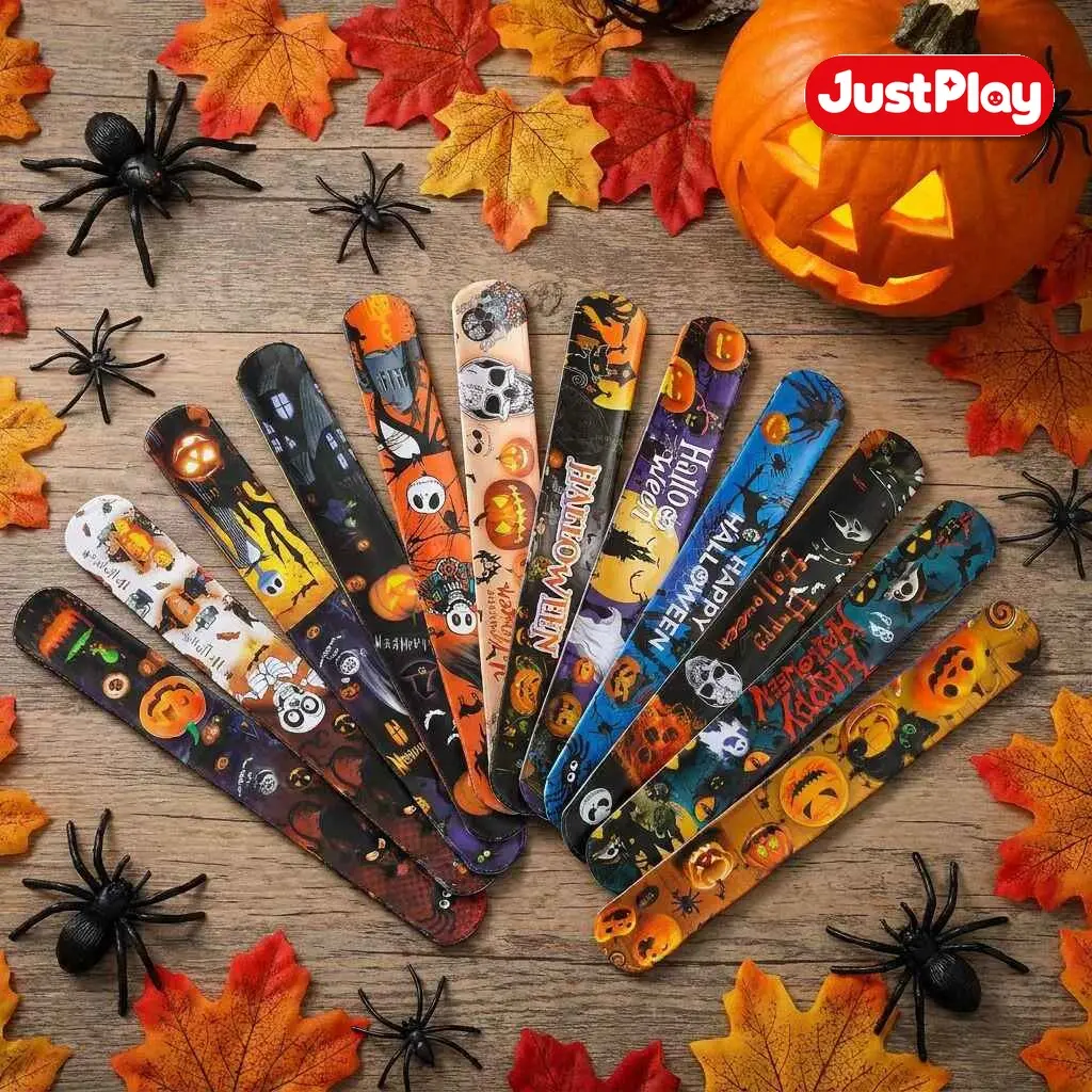 【JustPlay Design】2026 12pcs Spooky Halloween Slap Bracelets for Kids - Pumpkin, Ghost, Spider, Skull Snap Wristband Accessories, Fun Party Favors, Goodie Bags Fillers, Classroom Prizes, Fall Decor