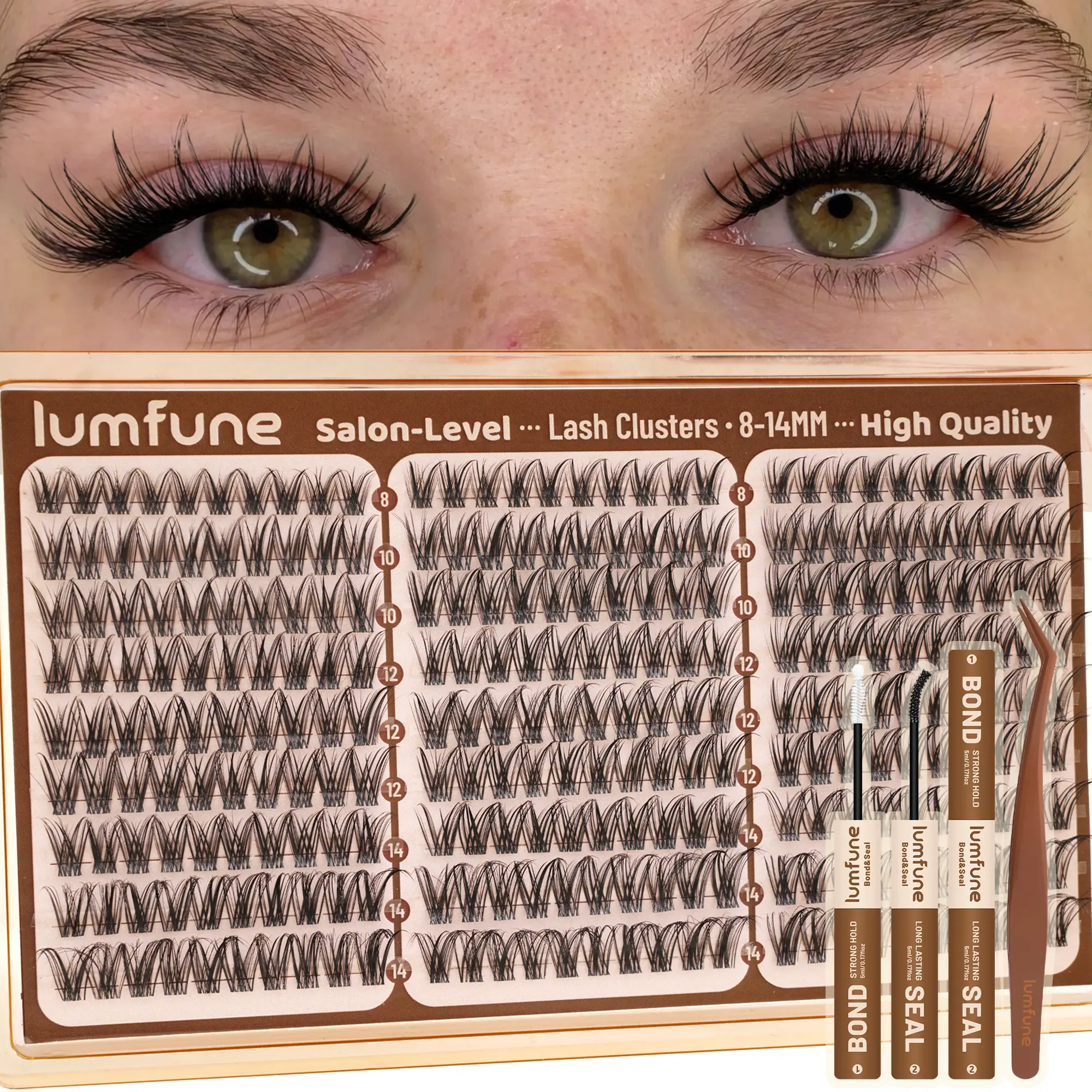 Lumfune Lash Clusters Kit | Wispy Eyelash Extensions 8–14 mm – Natural DIY Lash Extension Set, C-Curl Individual Cluster Lashes for Beginners