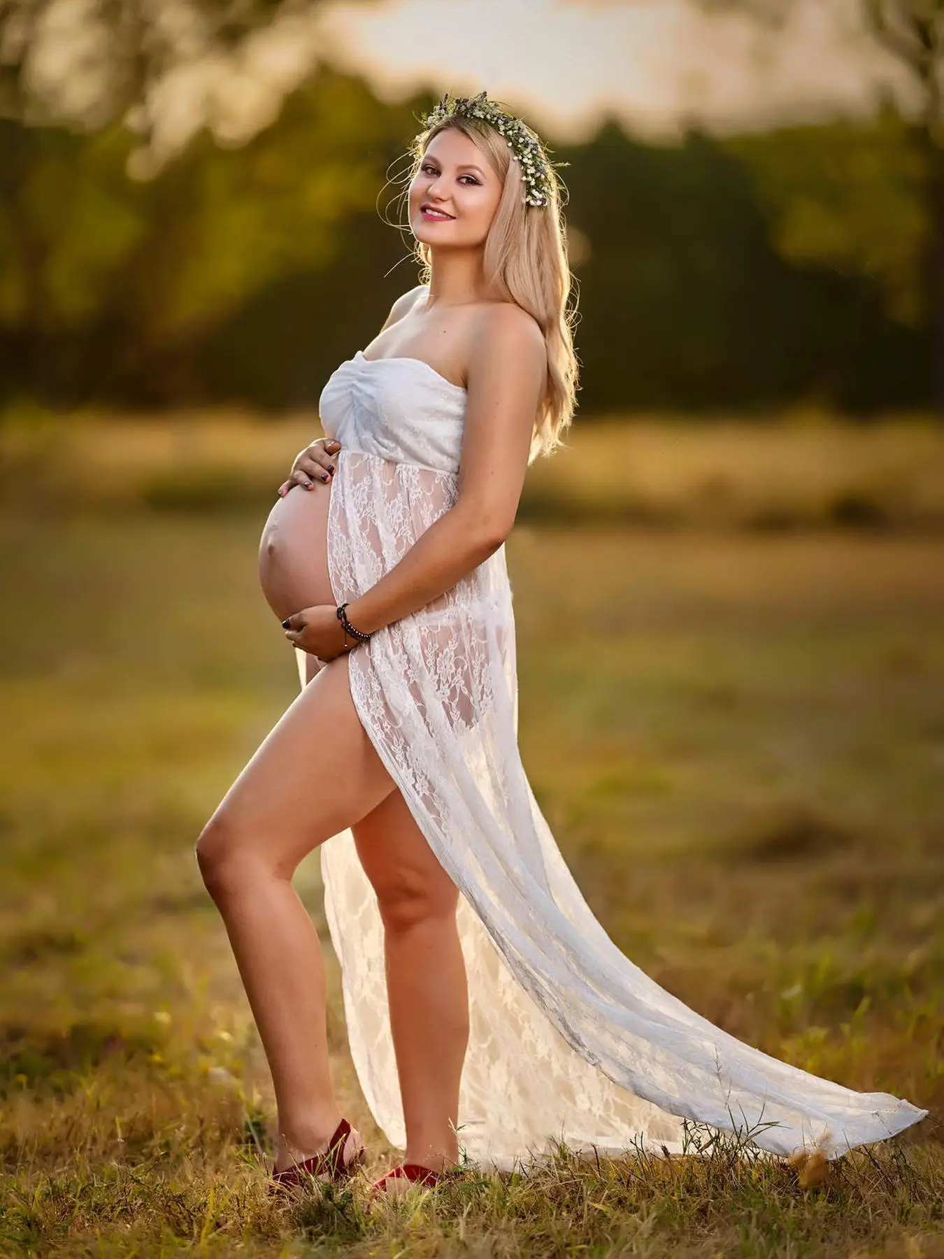 Women's Floral Lace Ruched Sheer Split Hem Tube Maternity Dress, Elegant Backless Sleeveless High Waist Maxi Dress for Maternity, Maternity Clothes fo