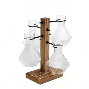 Innovative Solid Wood Stand & Glass Hydroponic Vase (Diamond-Cut Design) | Solid Wood Stand + Diamond-Faceted Vase | For Hydroponic Plants & Dried Flower Displays | Living Room, Study, or Bedroom Decor