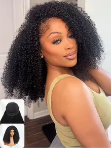 Half Wig Jerry Curly Half Wig Upgrade 3 In 1 Half Wig Human Hair With Drawstring Seamless Clip Ins Flip Over 180% Density Glueless Kinky Curly Wig For Women