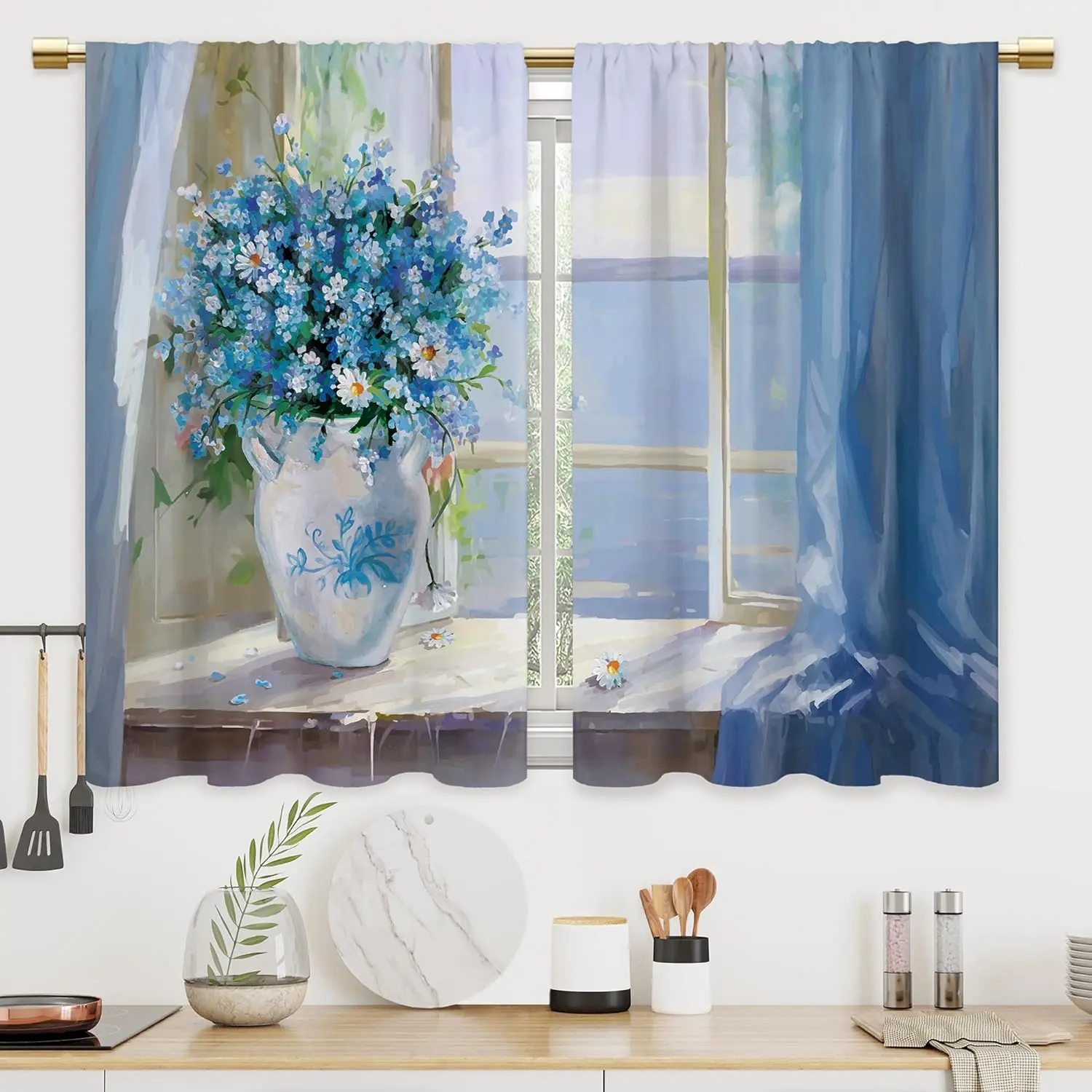 Farmhouse Blue Flower Floral Kitchen Curtains Sea Ocean Plant Bathroom Curtains Window Treatment Drapes Tier Oil Painting Cafe Small Bedroom Short French Door Curtains 2 Panels 27.5x39 Inch
