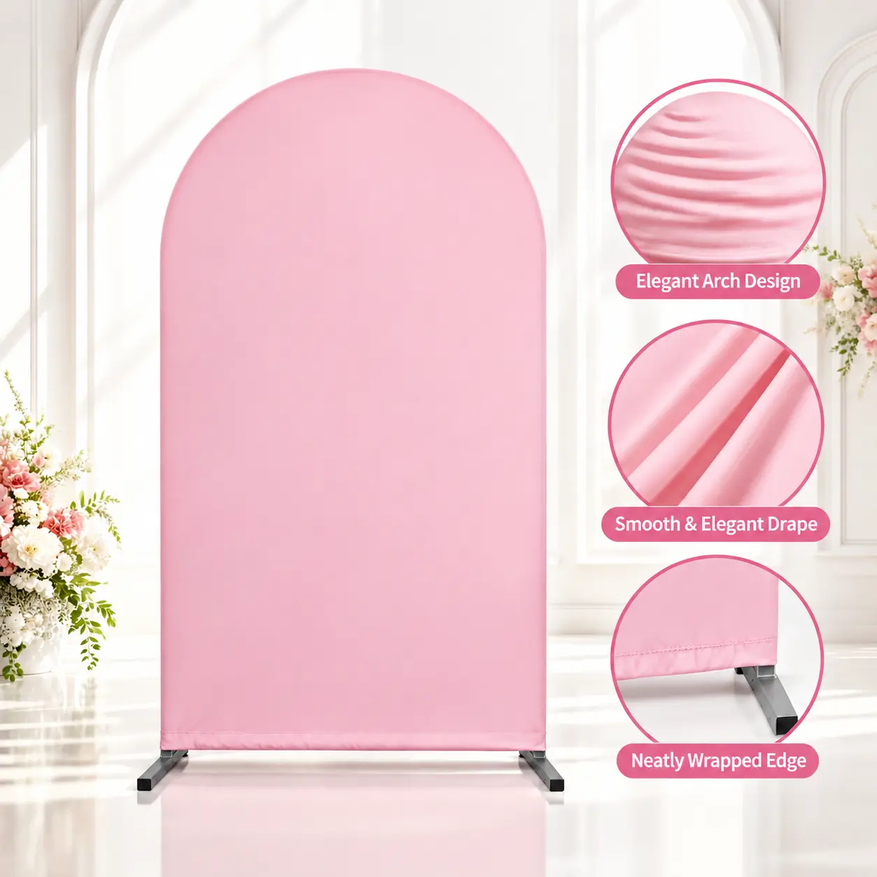Elegant Solid Stretchy Backdrop Cover (7.2FT-6.6FT Fitted, White/Ivory/Pink, Arch Design), Backdrops for Photoshoot for Weddings, Birthday, Multi-Event Use, Home & Festive Party Supplies Photography Decor