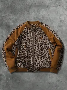 Unisex Leopard Print Baseball Jacket, Block Zipper Coat, Vintage Street Style, Casual Daily Wear, Friend Gatherings, Animal Pattern