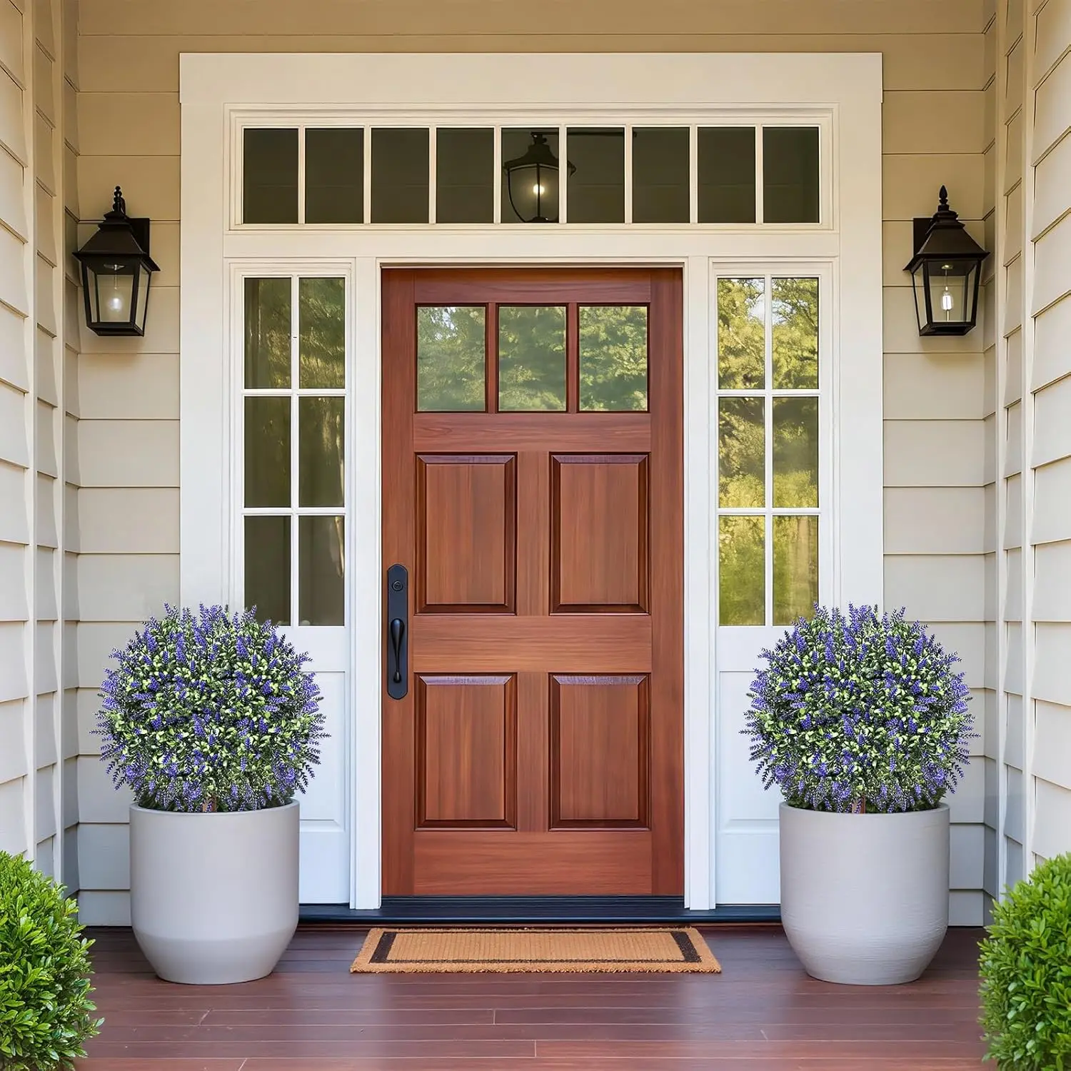 summerwins 24" Artificial Boxwood Topiary Balls with Lavender - Set of 2 UV Resistant Faux Flower Shrubs, Decor Faux Outdoor/Indoor Plants with Ground Spike for Porch Front Door, Room & Plant & Floral Decor Mother's Day Gifts