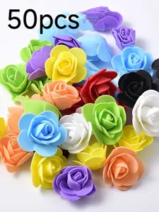50pcs PC Rose Foam Flower Heads, Wedding Candy Box Decoration Accessories, Realistic Fake Flowers for Party Decorations