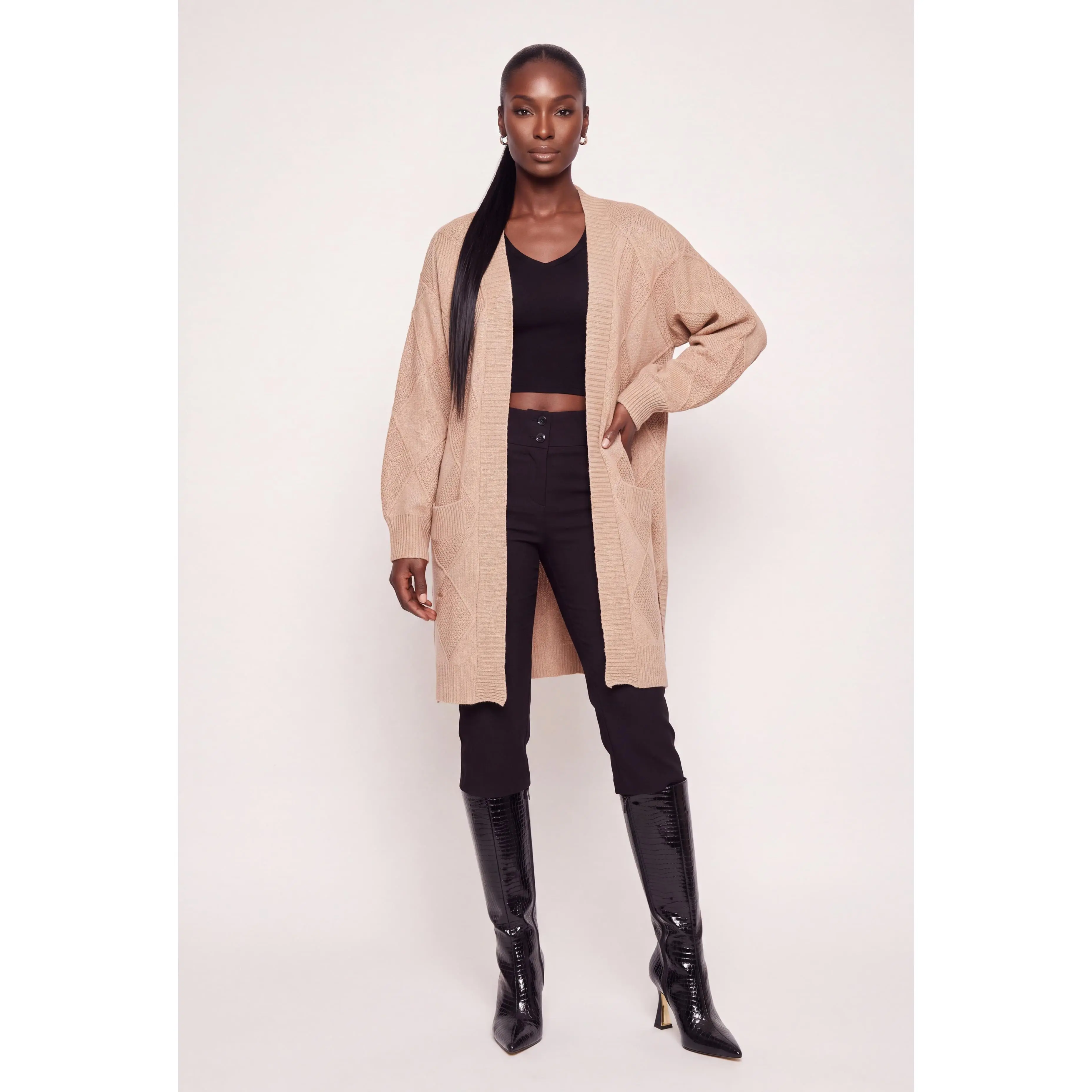 Textured Diamond Knit Open Front Duster Textured Diamond Knit Open Front Duster