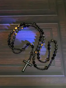 Natural Obsidian Yooperlite Rosary UV Reactive Protection Hematite Stone Cross Pendant for her, for him necklace Fashionable Collarbone Chain elegant rhinestone gift sparkly Adjustable Heart Rate Couples Set Day woman party Daily Bible Verse daughter
