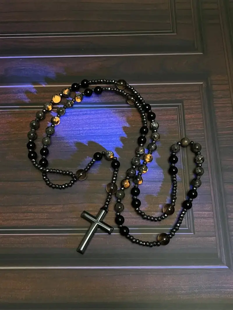 Natural Obsidian Yooperlite Unisex Rosary Necklace - 36 Inches Adjustable Collarbone Chain, UV-Reactive, Hematite Cross Pendant, Rhinestones, Couples Set, Meaningful Gifts, Necklace for Girlfriend, Obsidian Beads