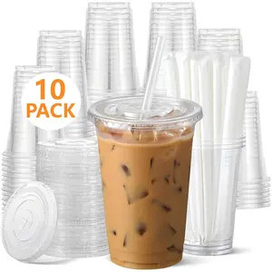 24oz Transparent Plastic Cup with Lid and Straw, Durable Food Safe Ice Coffee Mug, Reusable Smoothie Cup for Cold Drinks, Clear Plastic Cup