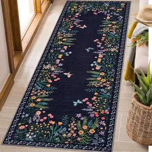 GARVEE Washable 2x6 Runner Rugs, Large Living Room Rug, Non-Slip Soft Floral Rugs for Bedroom, Botanical Area Rug Carpet for Dining Room Guest Room (Blue,2'x6')