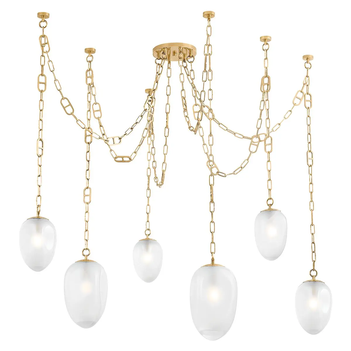 Large Daith Chandelier with Elongated Sugarloaf Glass Shades and Vintage Brass Mariner Chain