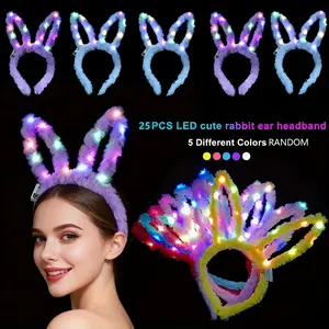 25-Piece Glow-in-the-Dark LED Plush Rabbit Ear Headband 3 Flashing Color-Changing Modes Party Photo Accessory Perfect for Night Weddings, Concerts, Cosplay, Halloween, and Christmas