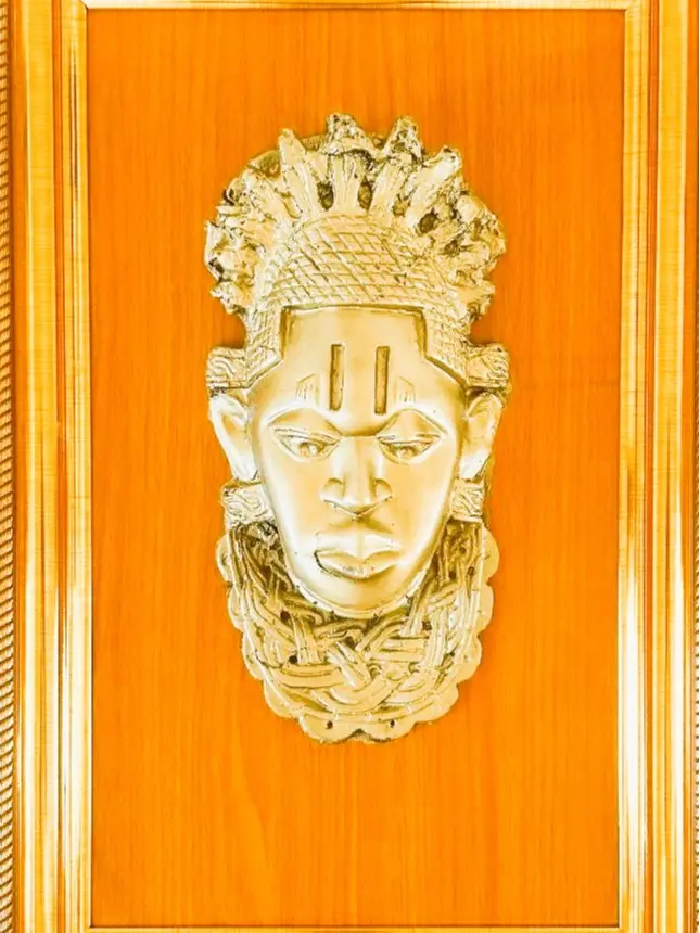 Handcrafted Golden BENIN TRIBUTE MASK—a powerful symbol of African royalty Bronze Ornaments