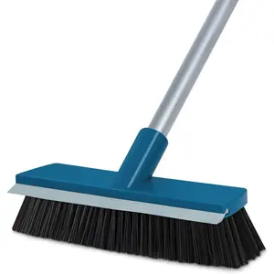 Stiff Bristle Deck Brushes for Scrubbing Heavy Duty with Rubber Scrape , 55" Long Handle Scrub Brush for Bathroom Shower Carpet Outdoor Floor Cleaning ( Size: 10.8")