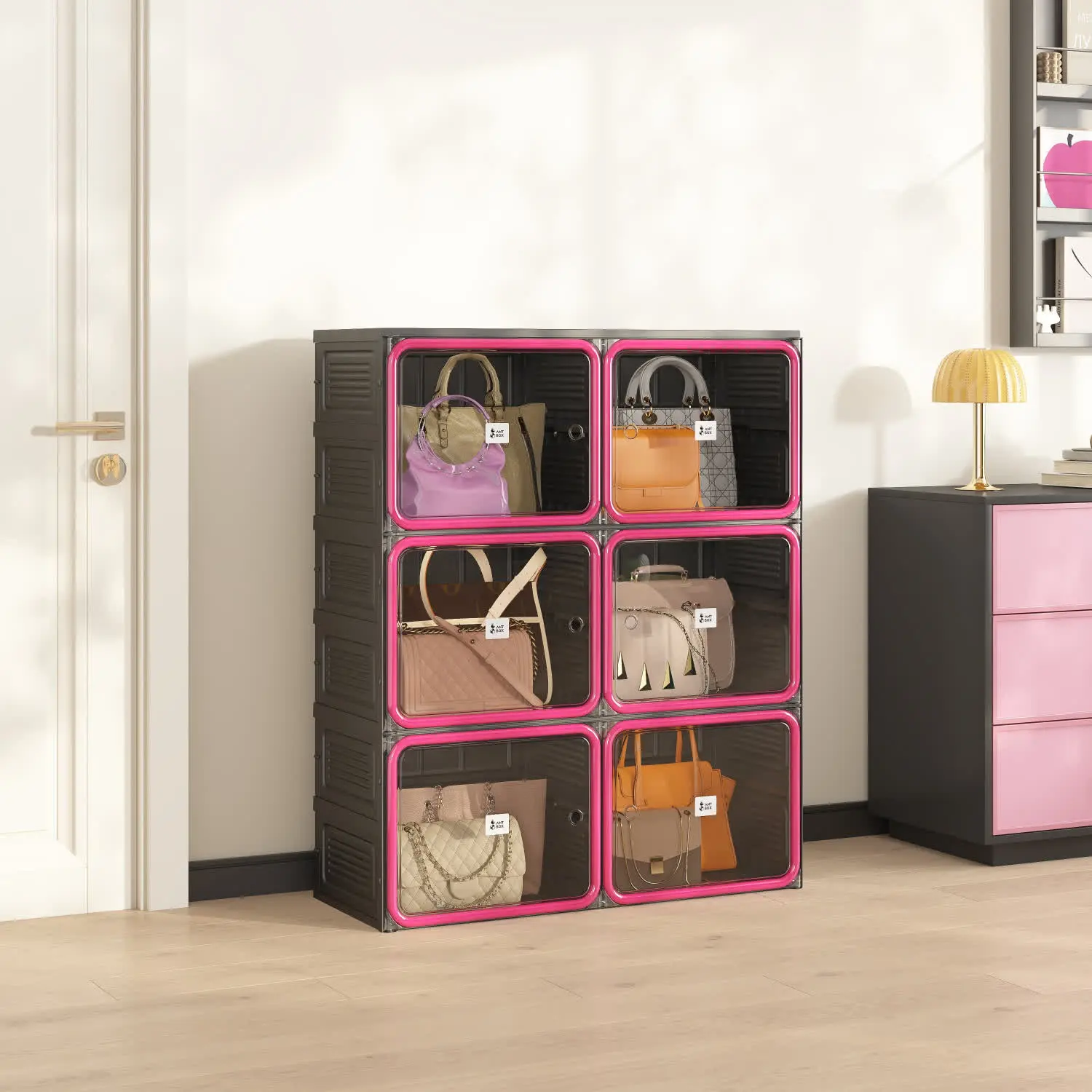 ANTBOX 3 Tier Double-Column Boots & Bags Storage Cabinet, Foldable Organizer for Tall Boots, Handbags & Accessories, Black & Rose Red Dustproof Storage Cabinet with Magnetic Clear Doors, Space Saving Closet Organizer for Bedroom, Entryway & Apartment