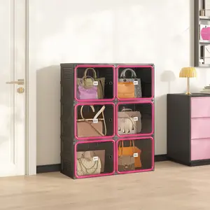 ANTBOX 3 Tier Double-Column Boots & Bags Storage Cabinet, Foldable Organizer for Tall Boots, Handbags & Accessories, Black & Rose Red Dustproof Storage Cabinet with Magnetic Clear Doors, Space Saving Closet Organizer for Bedroom, Entryway & Apartment