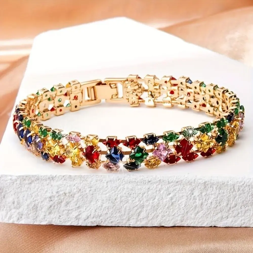Women's Elegant Bohemian Colorful Geometric Zirconia Clasp Chain Bracelet, Bracelets for Women with Zirconia Accents, Ideal for Daily Wear & Holiday Parties