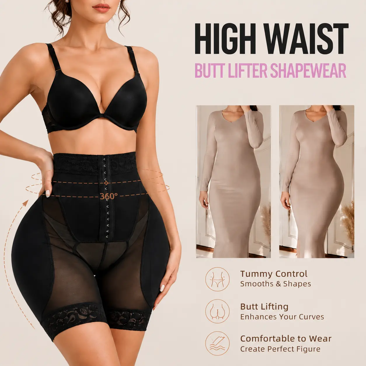 Women High Waist Tummy Control Shapewear Shorts Butt Lifter Body Shaper with Zipper Closure 3D Sponge Pads Lace Trim Seamless Slimming Underwear for Daily Wear