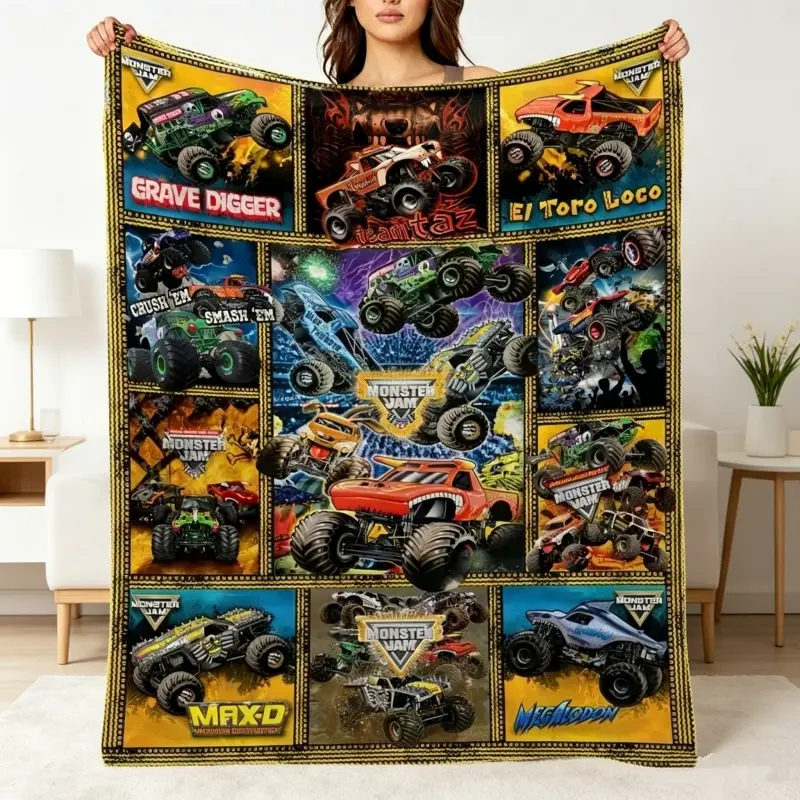 Monster Jam Monster Trucks Flannel Throw Blanket, Grave Digger Max-D Megalodon El Toro Loco All Over Print Soft Fleece Blanket For Boys Bedroom Sofa Couch Kids Gift