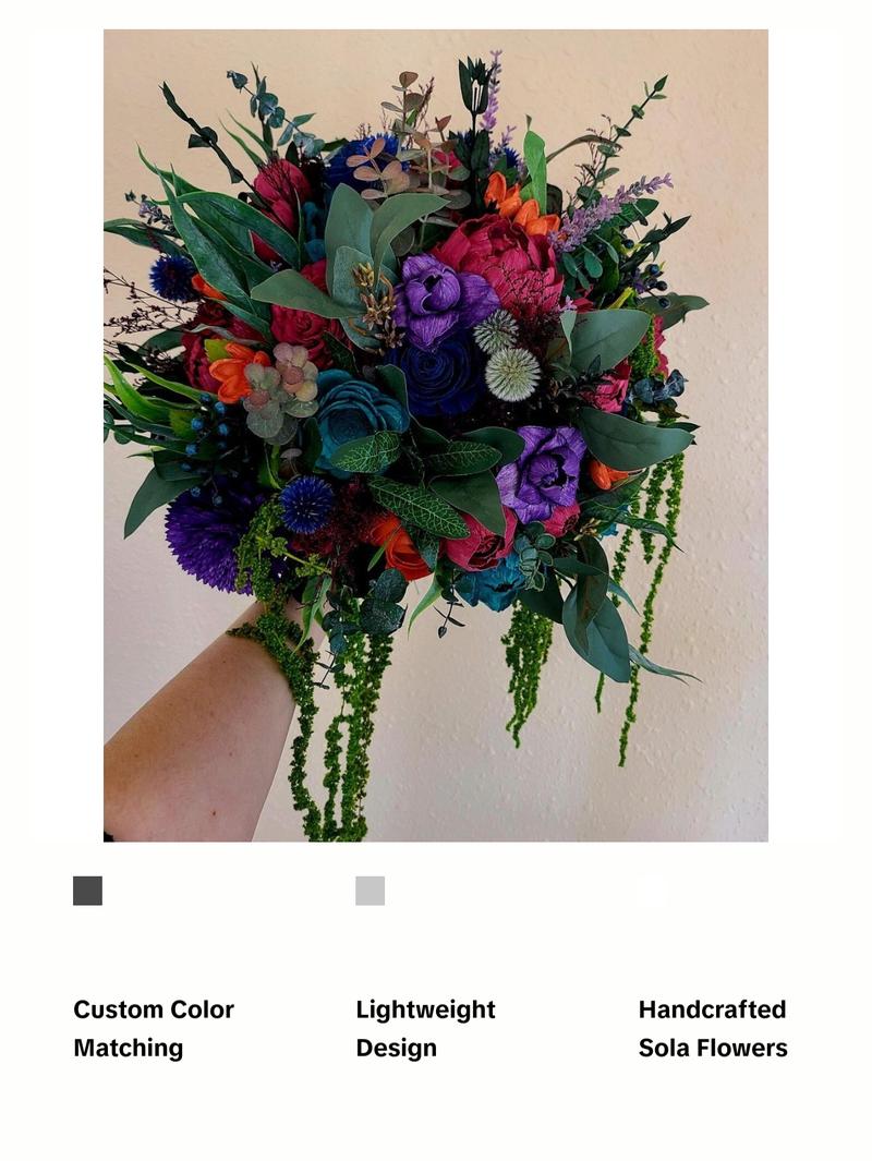 Moody Jewel Toned Wood Flower Bouquet, Teal and Purple Sola Bride Bouquet, Hanging Greenery Bouquet