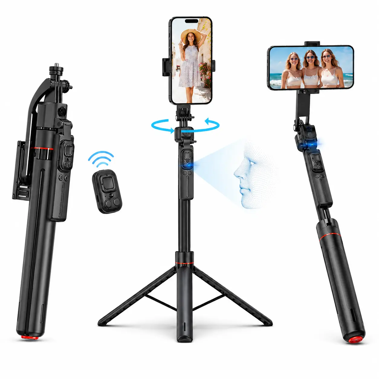 67" AI Face Tracking 360° Selfie Stick-Tripod, 1-Click Pop-Up, Gesture Control, Detachable Remote & Phone Clip, Smart Auto Tracking Camera Accessory for iPhone, Android