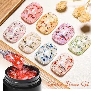 MEET ACROSS 8Colors Glitter Dried Flower Nail Gel, New Trendy 2026 Spring Summer Fashion Floral UV Gel Semi-transparent Sequin UV Lamp Floral Gel Nail Polish, Gel Nail Art, Gel Manicure, Nail Art Products