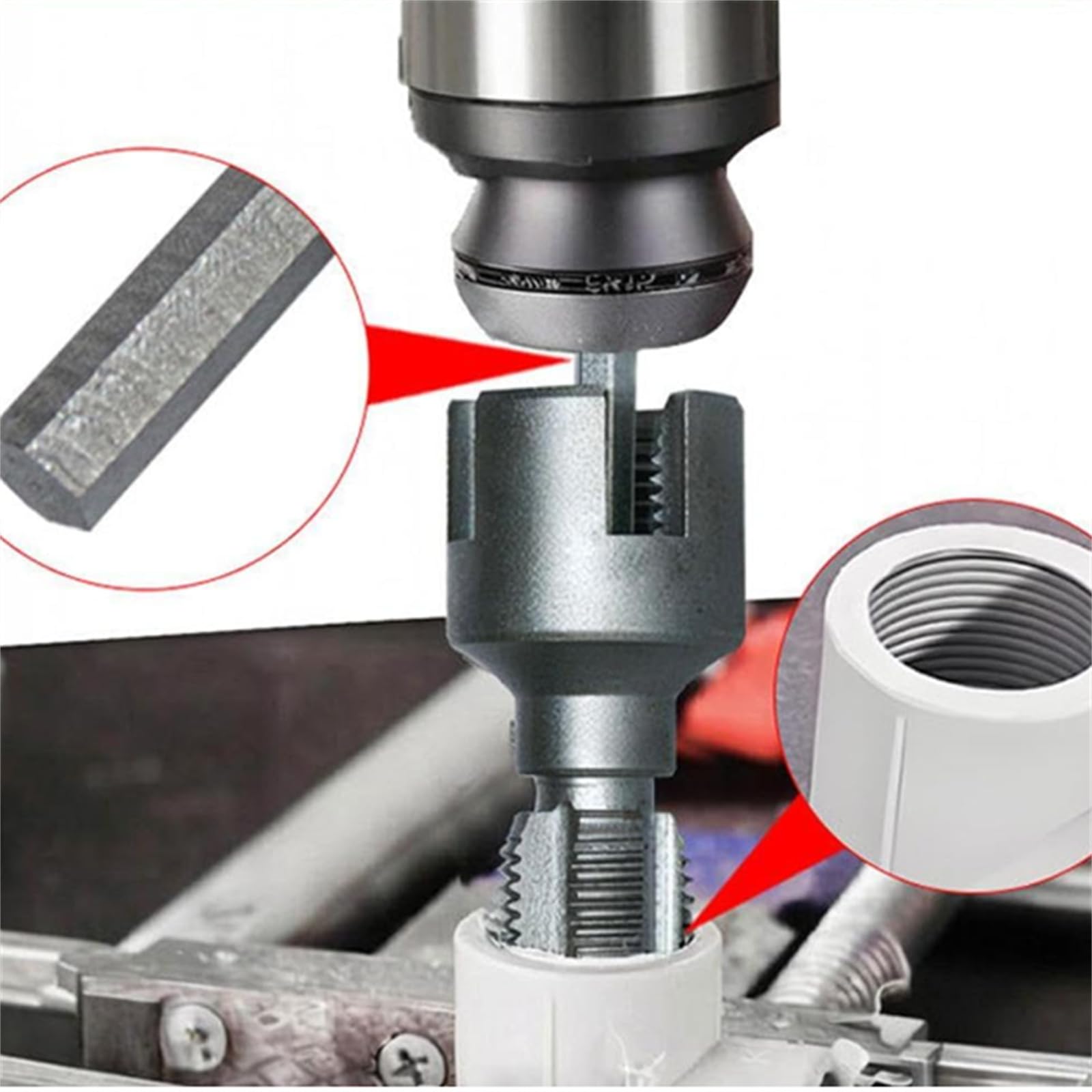 2 pcs 1/2" and 3/4" PVC thread cutting tools—inner and outer pipe threading tools; dual-function electric drill compatible kit for home repairs; precision carbon steel NPT pipe tap set for external pipes; high-speed operation