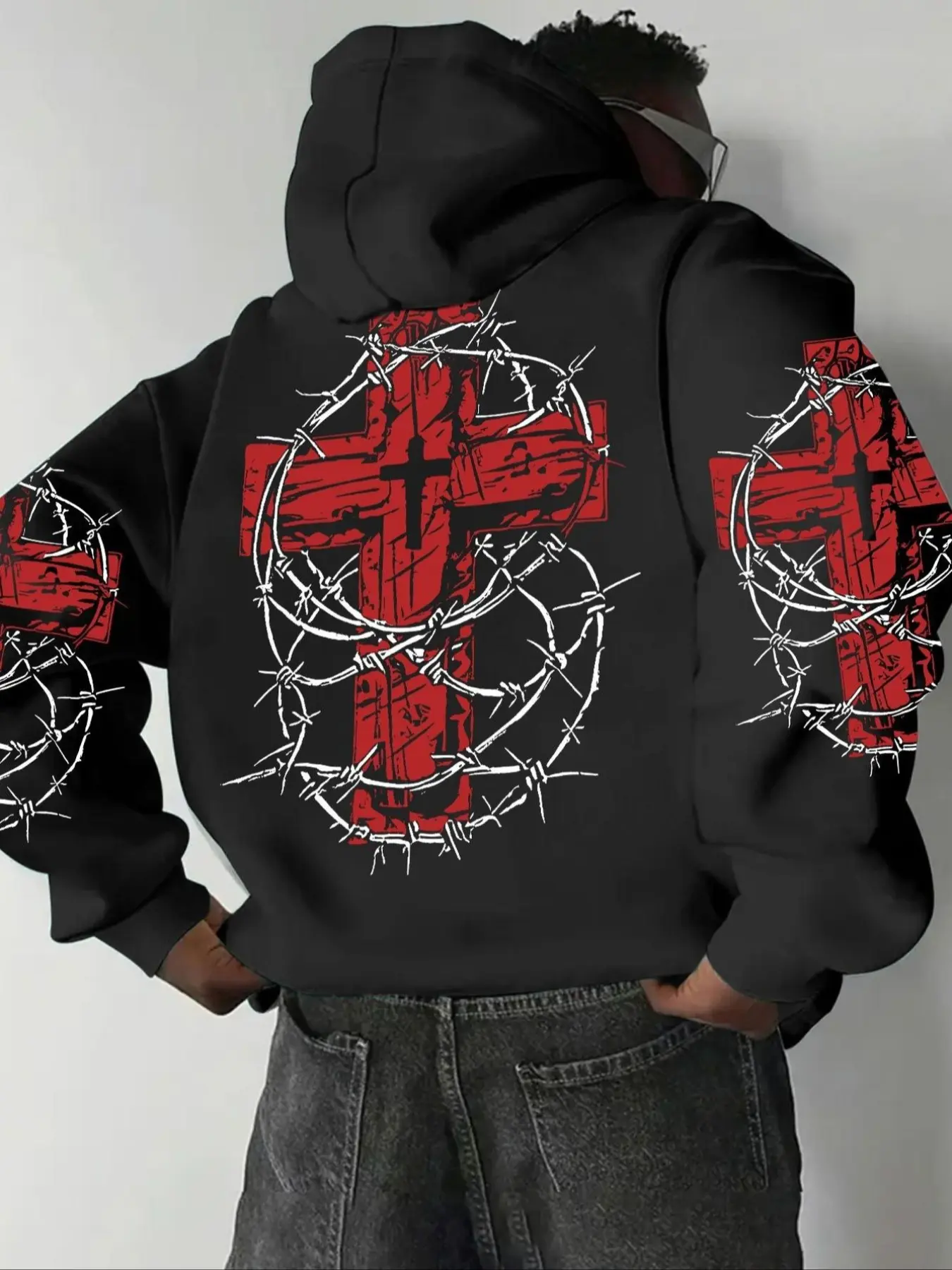 Men's Casual Hooded Sweatshirt with Pockets, Long Sleeves, Gothic Street Style Print, Loose-Fitting Fall & Winter Fashion, Daily Wear, Gothic Printed Hoodie