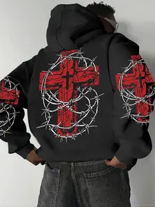 Men's Casual Hooded Sweatshirt with Pockets, Gothic Street Style Print, Loose-Fitting Fall & Winter Fashion, Daily Wear, Gothic Hoodie