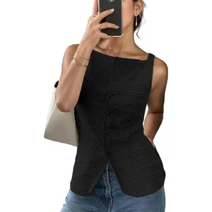 Women's Casual Minimalist Basic Imitation Linen Tencel Fitted Vest - Square Neck, Sleeveless, Button-Front, Breathable Tank Top with Slit Hem, Ideal for Summer Travel, Outdoor Hiking