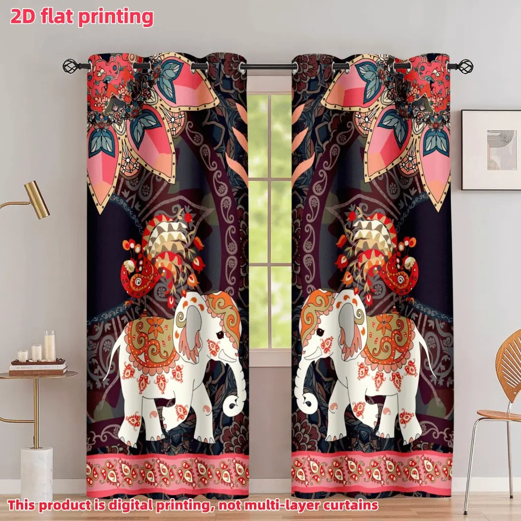 2D Flat 2Pcs Bohemian Elephant Print Curtains, Colorful Mandala Pattern Window Drapes, Semi-Sunshade Privacy Protecting, for Living Room, Bedroom, Dining, Hotel, Office Decor, Accessory .